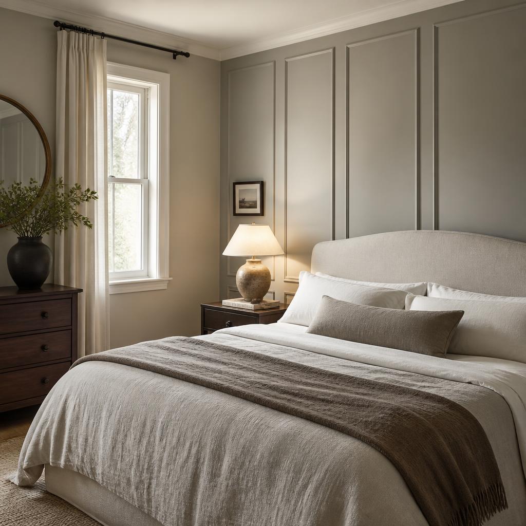 Freshly painted bedroom walls and ceiling in soft stone emulsion, Sussex home interior