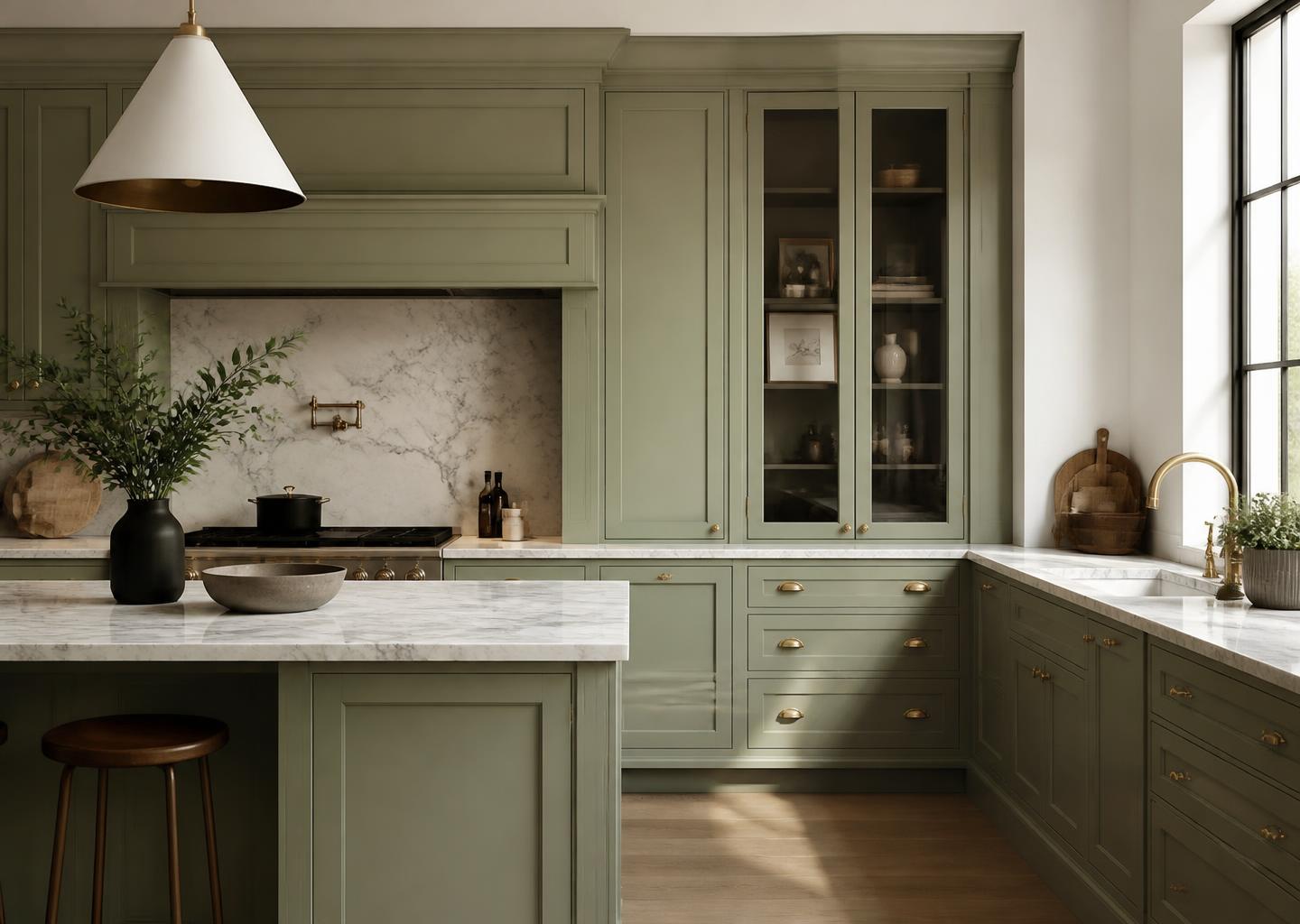 Hand-painted sage green kitchen cabinetry with marble worktop