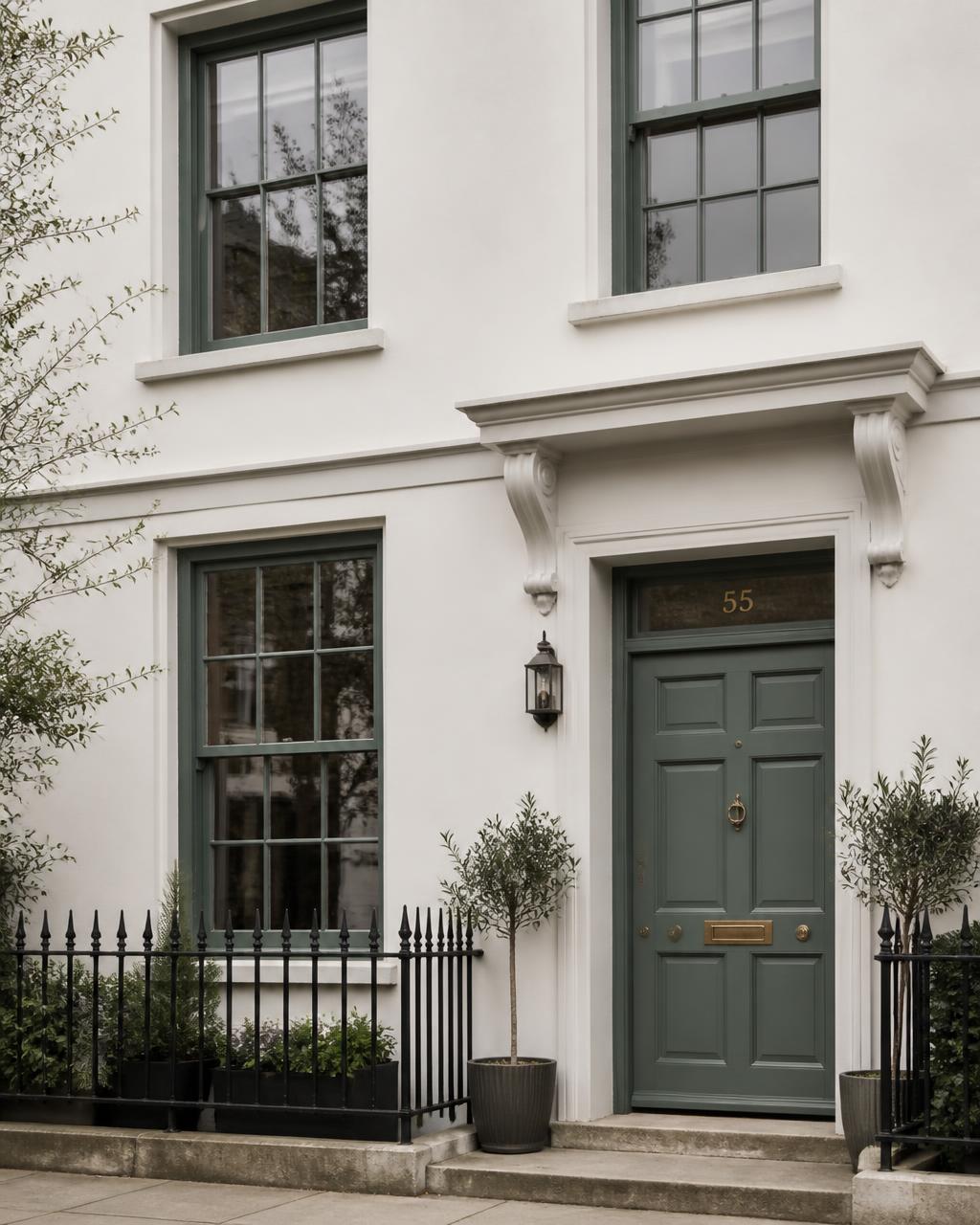 Repainted white stucco facade of a period seafront townhouse, Hove